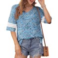 thumbnail image 2 of Camiseta con cuello en V y abertura lateral, puños de encaje sueltos, media manga, Top informal de moda para mujer, 2 of 7
