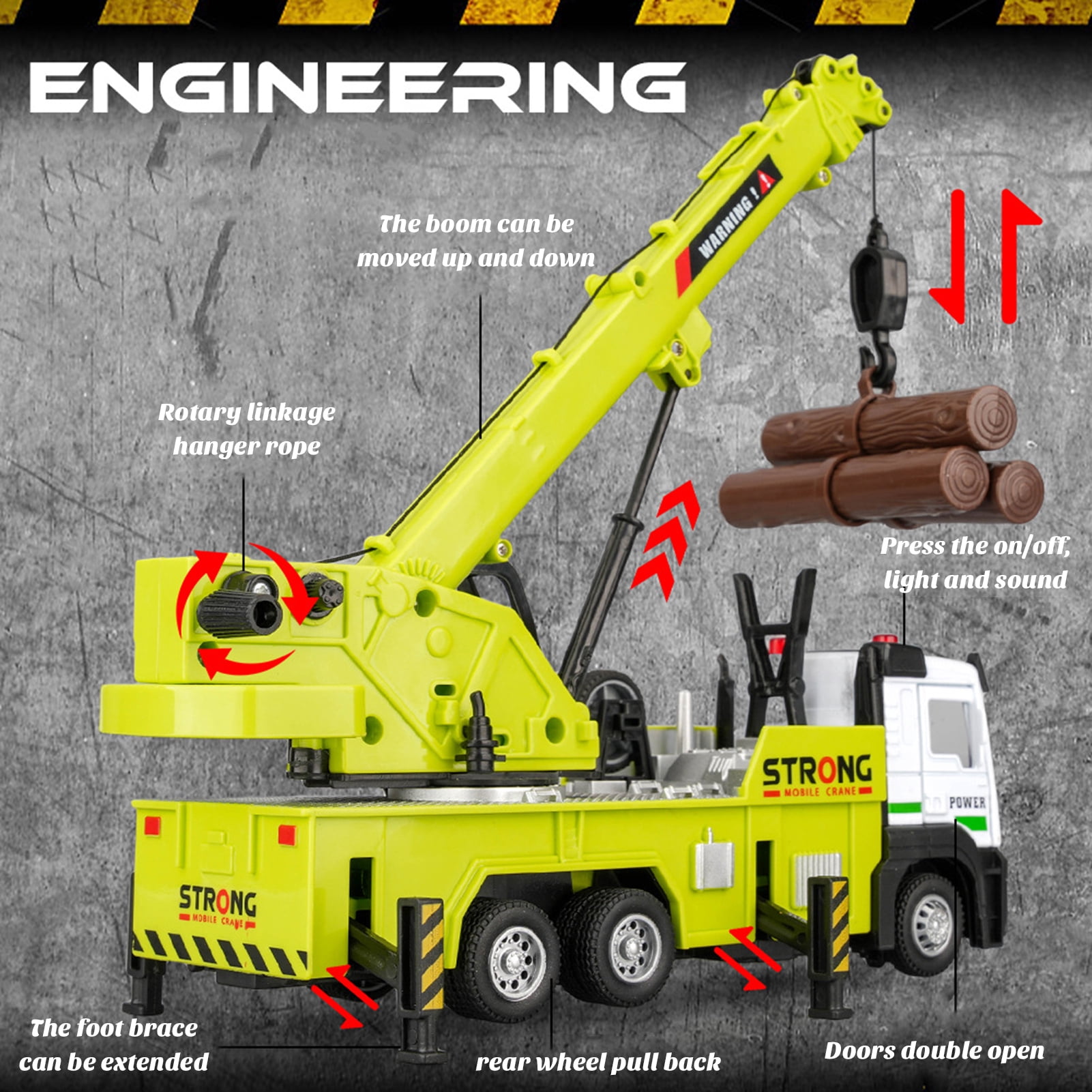 Sioweci Crane Truck Toy with Movable Joints Sound Light Realistic Toddlers Alloy Construction Vehicle Engineering Truck Model Kids Boys Birthday Gift Sets