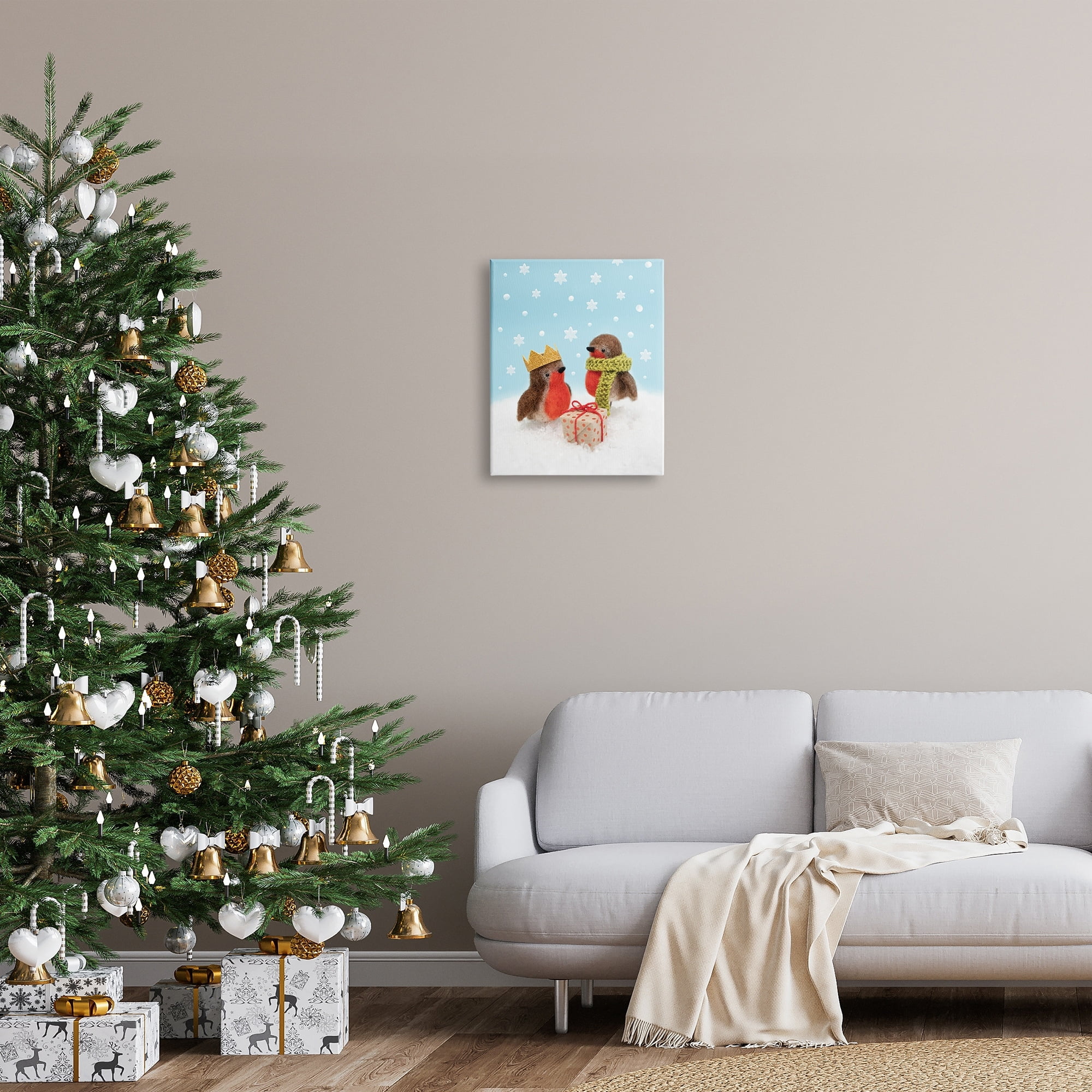 Stupell Industries Birds Gift Giving Christmas Snow Holiday Photography Gallery Wrapped Canvas Print Wall Art