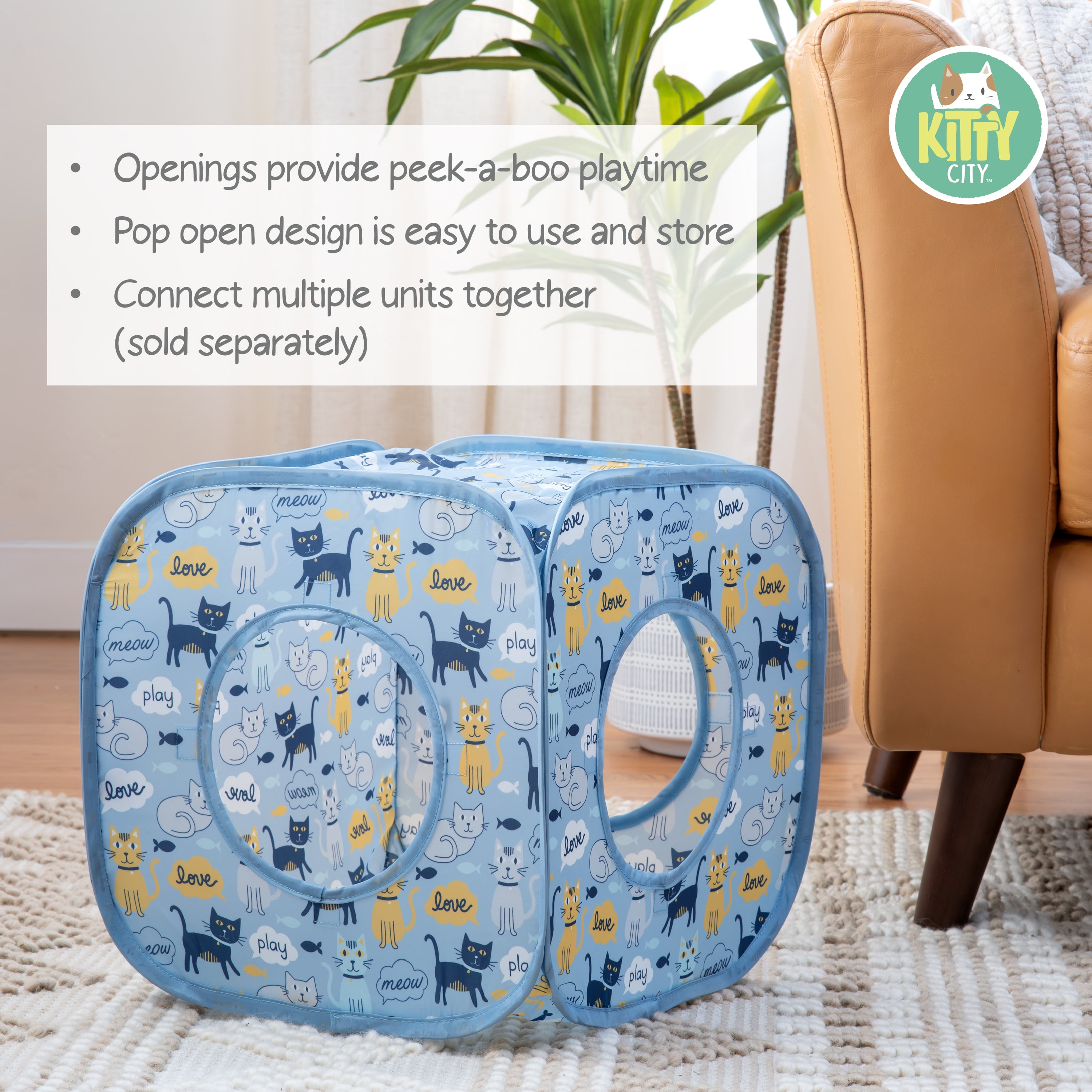 Kitty City Cat Print Play Furniture House, Play Cube, Blue