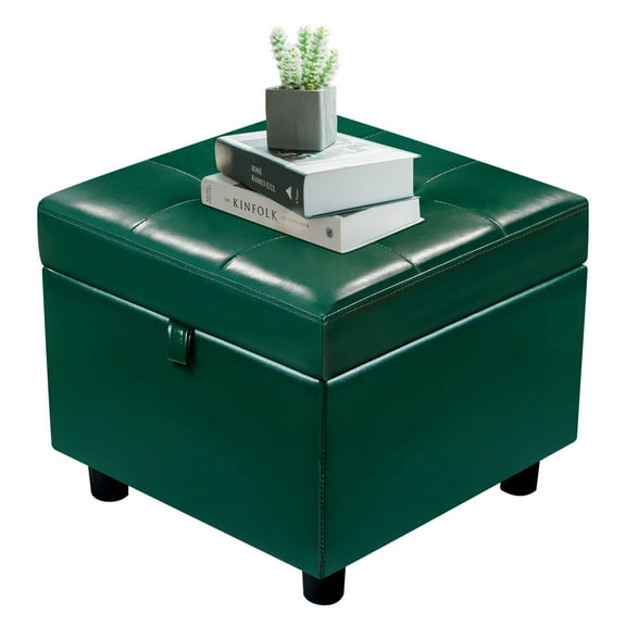 H&B Luxuries Tufted Leather Square Flip Top Storage Ottoman Cube Foot Rest (Dark Green with Storage)