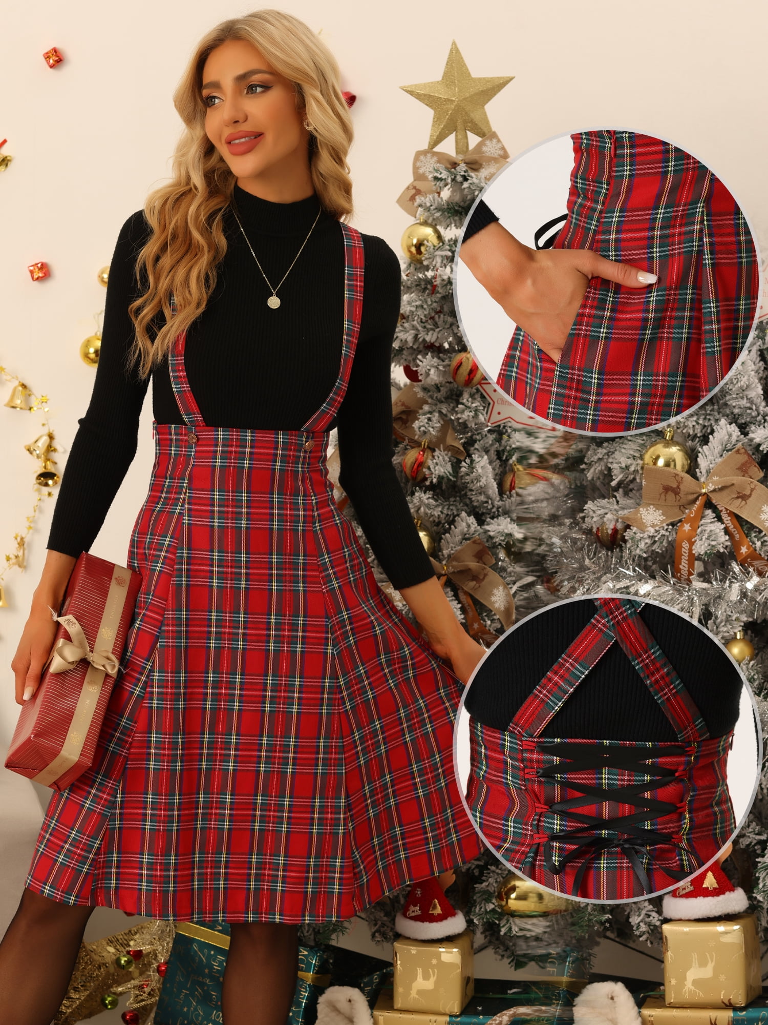 DARING DIVA Women's Tartan Pinafore Overall Plaid Suspender Skirt M Red