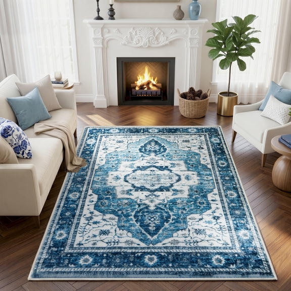 WANLISELL 5'x7' Washable Area Rugs, Vintage Boho Rug, Non-Slip Indoor Soft Distressed Carpet for Living Room, Bedroom, Dining Room, Home Decor, Blue