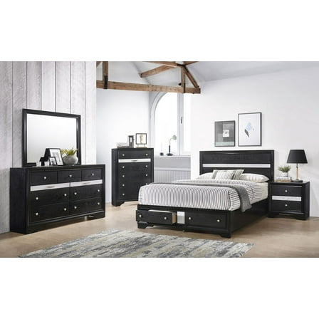 Contemporary 5pc Queen Size Storage Drwers Panel Bed Dresser Mirror Nighstand Set Black Wooden Home Bedroom Furniture