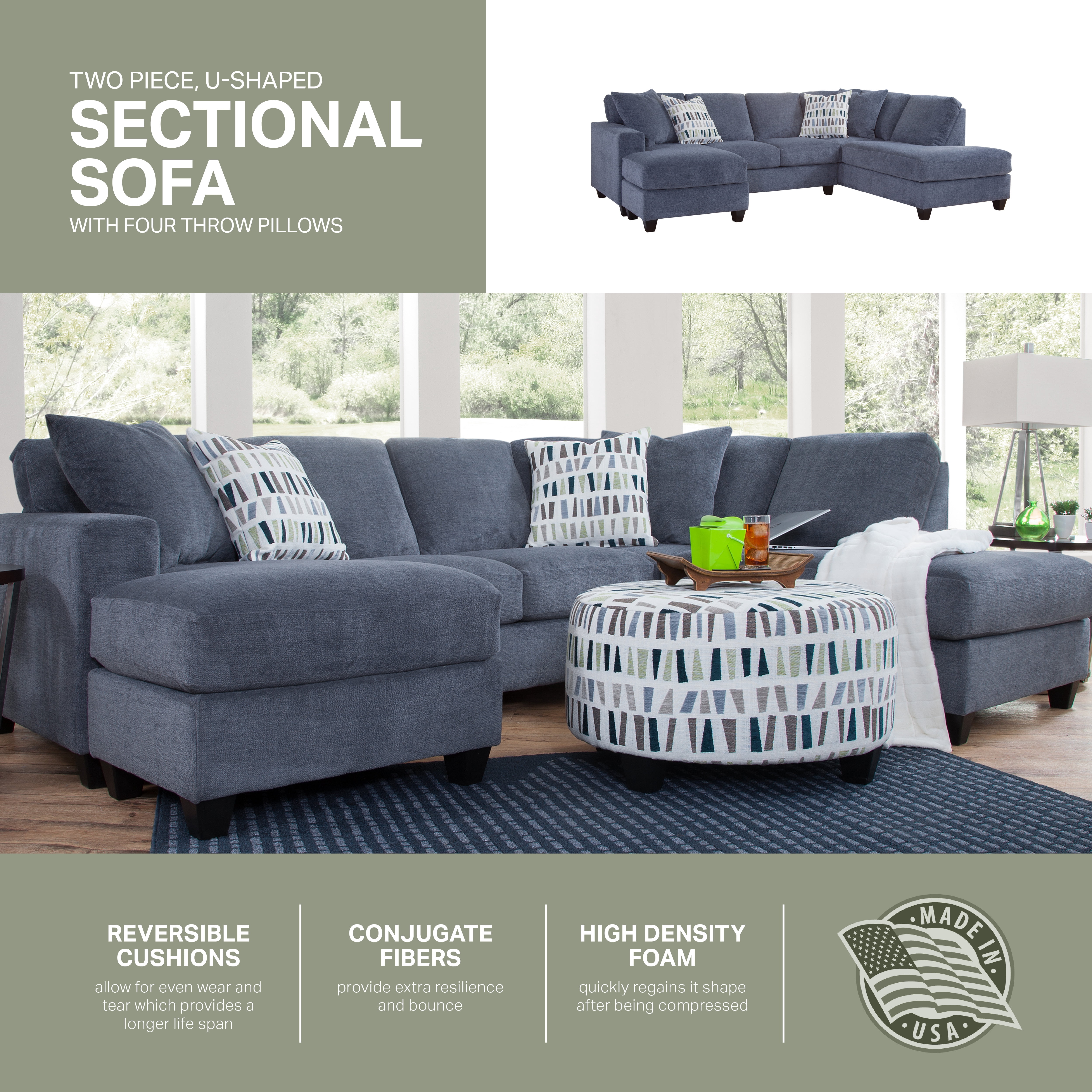 American Furniture Classics Transitional U-Shaped Sectional Sofa with 4 Throw Pillows, Blue - 2 Piece