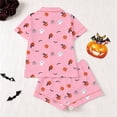 thumbnail image 4 of Curuila Toddler Girls Halloween Pajamas Set Short Sleeve Hallowmas Cartoon Print Lapel Button Down Pjs Tops With Shorts For Party Fashionable Homewear Pink Size 9-10 Years, 4 of 9
