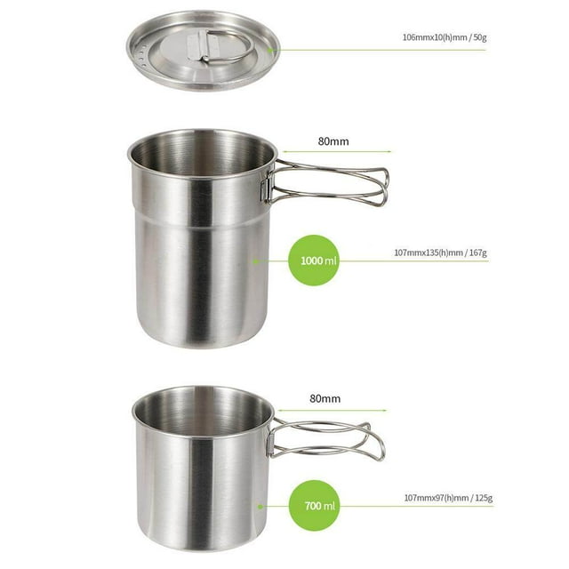 2 Pcs Camping Cookware Cooking Set Outdoor Stainless Portable cookware Steel Camping Pots Cup Mug for Backpacking Hiking Picnic