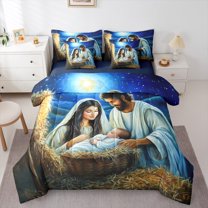 jejeloiu Religious Theme Merry Christmas Galaxy Starry Night Twin Comforter Sheet Set, Reversible Luxury Unisex Bedding, 7-Piece
