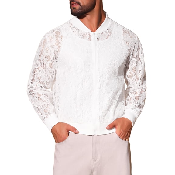 INSPIRE CHIC Men's Hollow Floral Lace See Through Lightweight Long Sleeve Zip Up Jackets M White