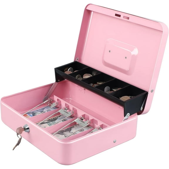 WLGJL Cash Box with Money Tray and Key Lock, Tiered, Cantilever Design,4 Bill / 5 Coin Slots,11.8" x 9.45" x 3.54", Pink