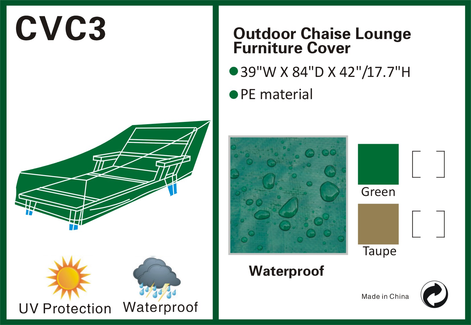 Sunrise Outdoor Patio Garden Chaise Lounge Chair Protector, Furniture Cover, Green - image 2 of 3