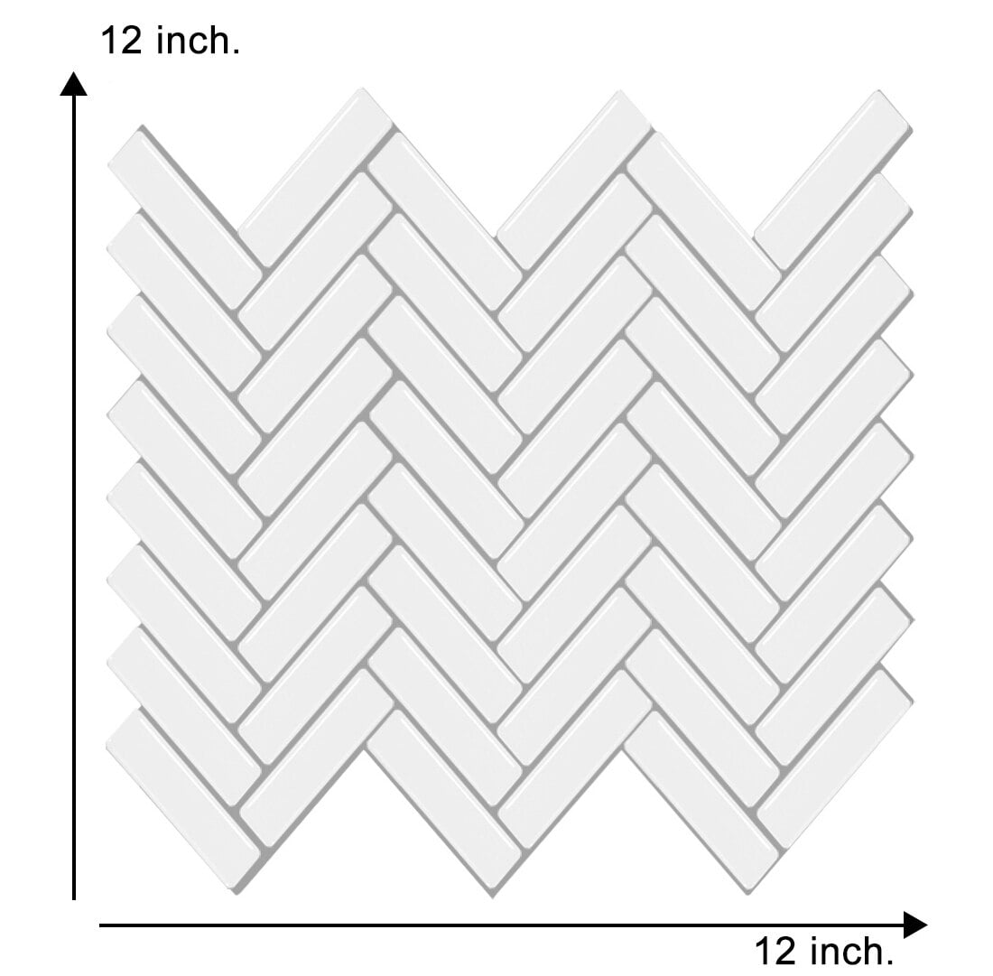 "clevermosaics White Herringbone Marble Mosaic Adhesive Backsplash Tiles, 12"" x 12"", Set of 10"