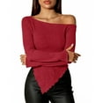 thumbnail image 2 of Uootdi Off The Shoulder Tops for Women Sweater Cropped Irregular Hem Textured Ribbed Gift Knit Pullover Y2k Fitted Tops Sexy Part y, 2 of 7