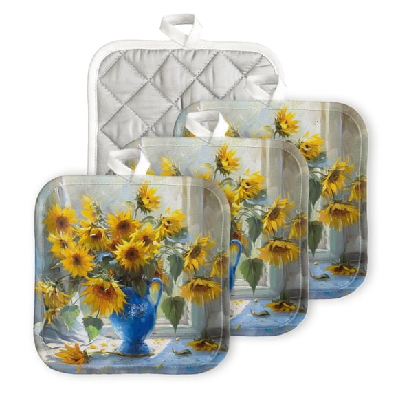 Bahomeck Pot Holder 4Pcs,Bouquet Of Sunflowers In Antique Blue Vase Stands Square Heat Resistant Hot Pads For Kitchen Cooking Oven With Hanging Loop Potholder Easy To Store