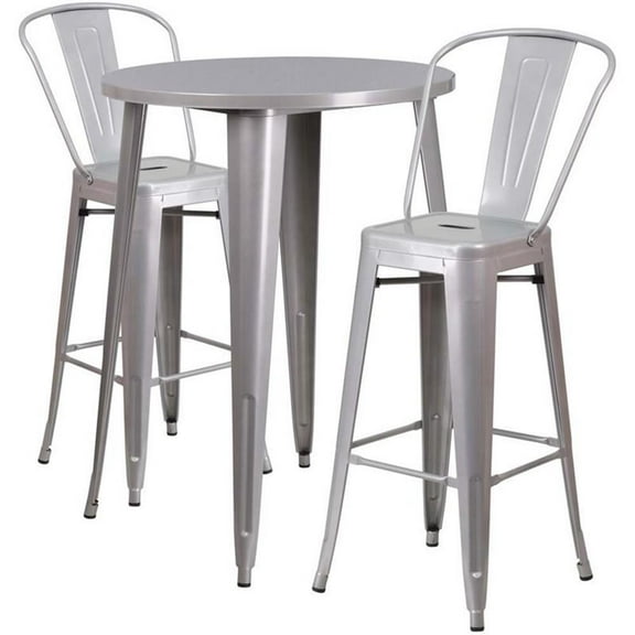 Bowery Hill 3 Piece 30" Round Metal Patio Pub Set in Silver