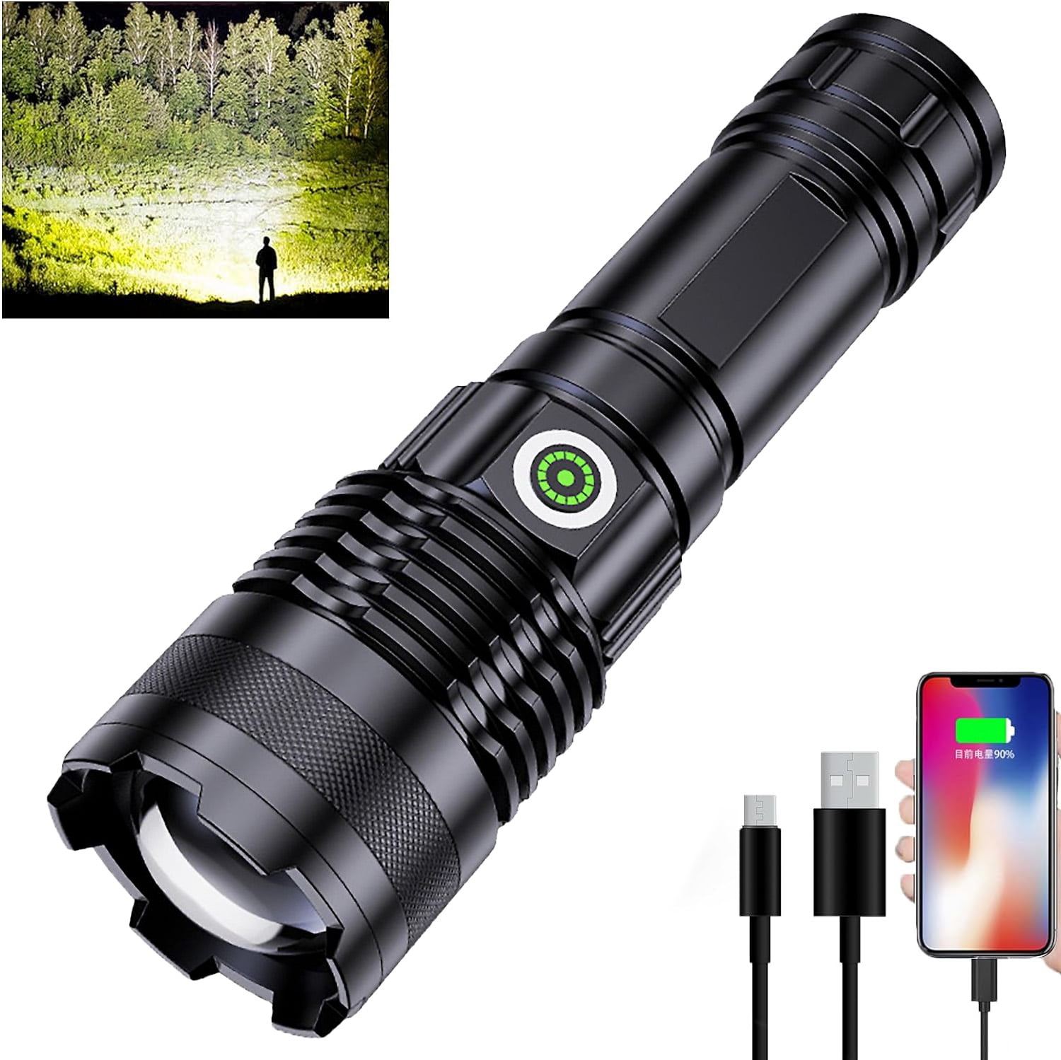 Super Bright LED Flashlights Rechargeable, 100000 Lumens XHP70 Tactical Flashlight, High Lumens 5 Modes Zoomable Waterproof Handheld Flashlights for Emergency Hiking Hunting Camping