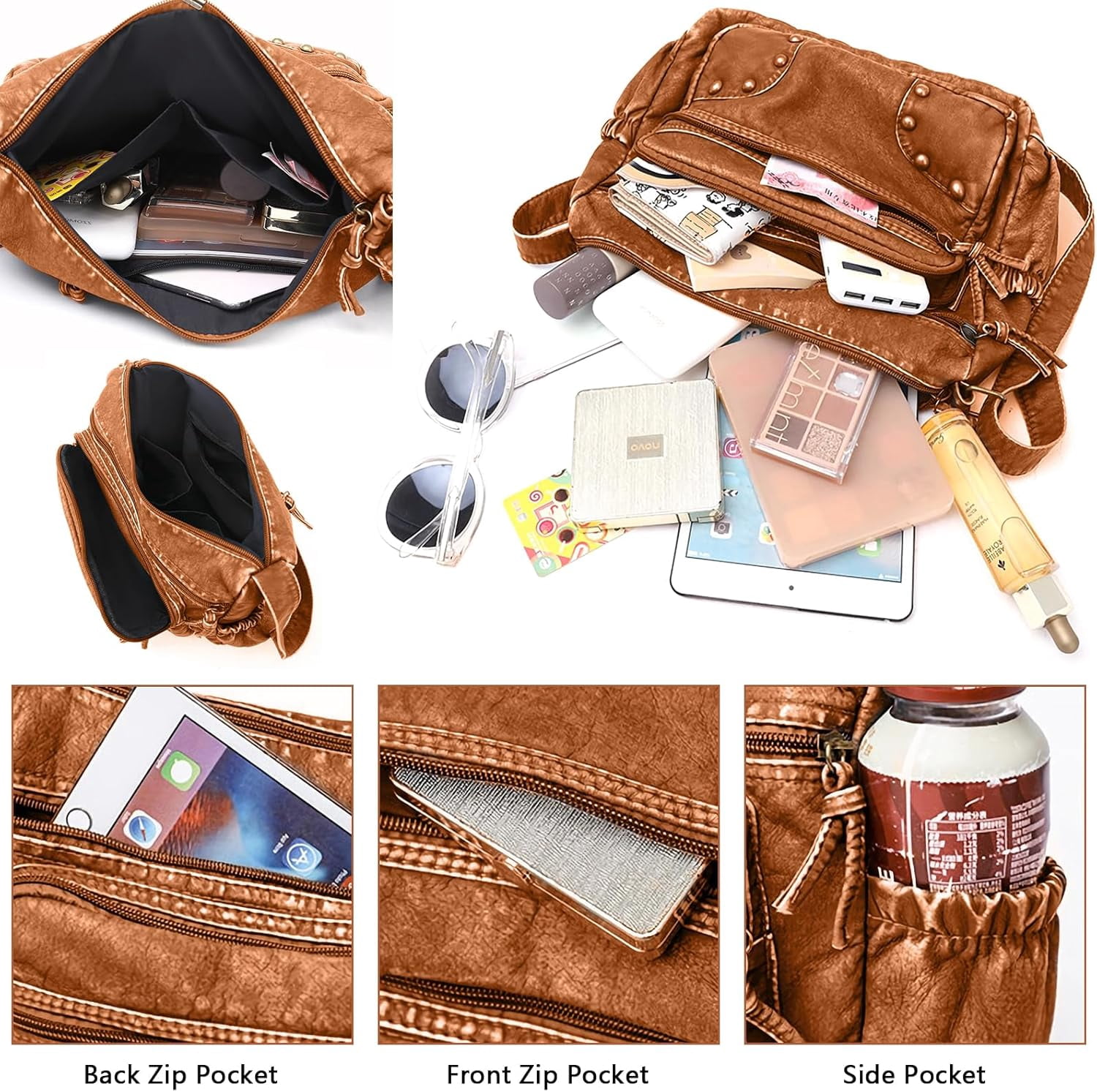 Lightweight Leather Multi-Pocket Shoulder Bag for Women - Retro Sling Medium Travel Purses