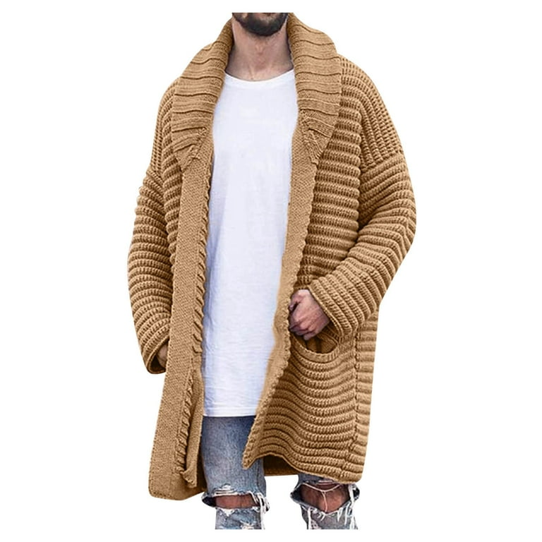 Long Sweaters Men s Autumn And Winter Solid Color Fashion Long Cardigan Lapel Long sleeved Woolen Jacket Cardigan Mens Sweater Yellow Walmart