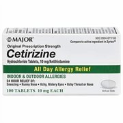 Major All Day Allergy Cetirizine HCL Tablets 10 mg. 100/Box