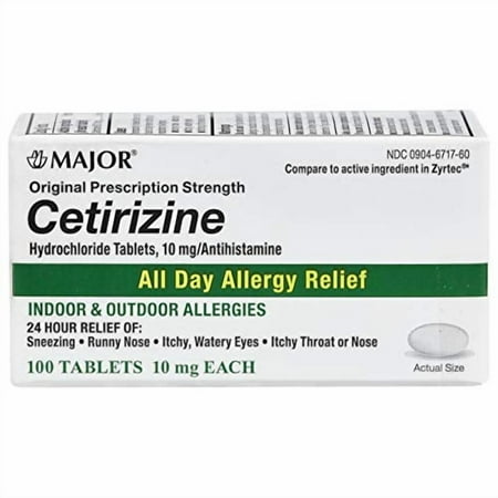 Major All Day Allergy Cetirizine HCL Tablets 10 mg. 100/Box