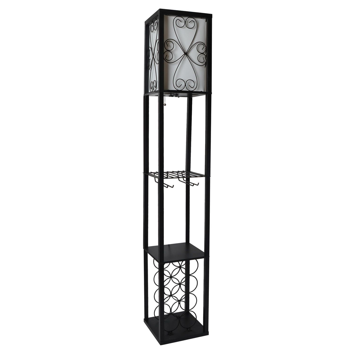 Simple Designs Floor Lamp Etagere Organizer Storage Shelf and Wine Rack with Linen Shade