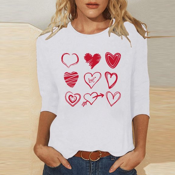 Avrnliq Womens White Valentine's Day Heart Print Top, Romantic Casual Soft Loose Fit Love Heart Holiday Outfit for Date Night Daily Wear Valentine Party,Size 5XL