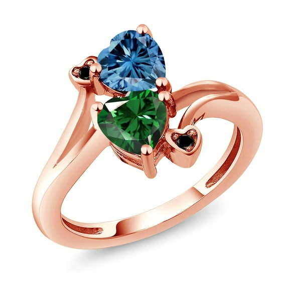 Gem Stone King 18K Rose Gold Plated Silver Persian Blue Moissanite Green Nano Emerald and Black Diamond Ring for Women (1.53 Cttw, Heart Shape 6MM, Gemstone Birthstone, Size 7)
