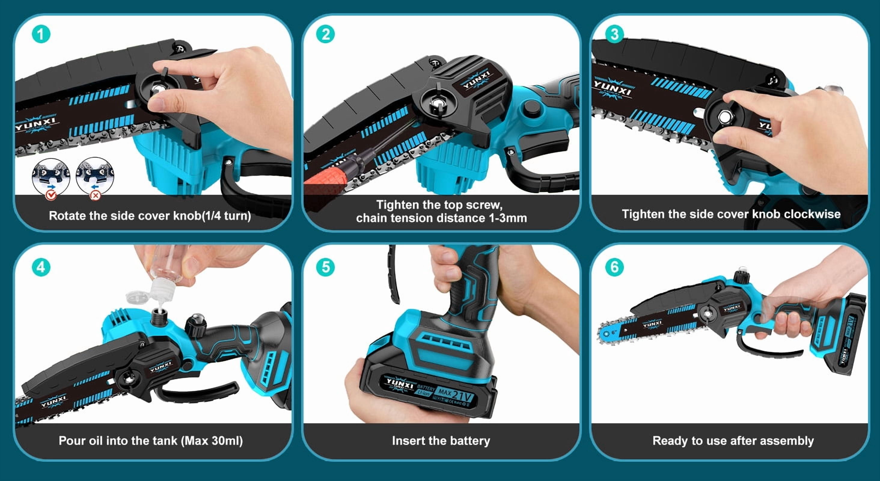 DGB Tool-Free Cordless Mini Chainsaw, 6 Inch Lithium Electric Handheld Saw with Easy Chain Tensioning, Portable Chainsaw for Yard Work & Tree Pruning