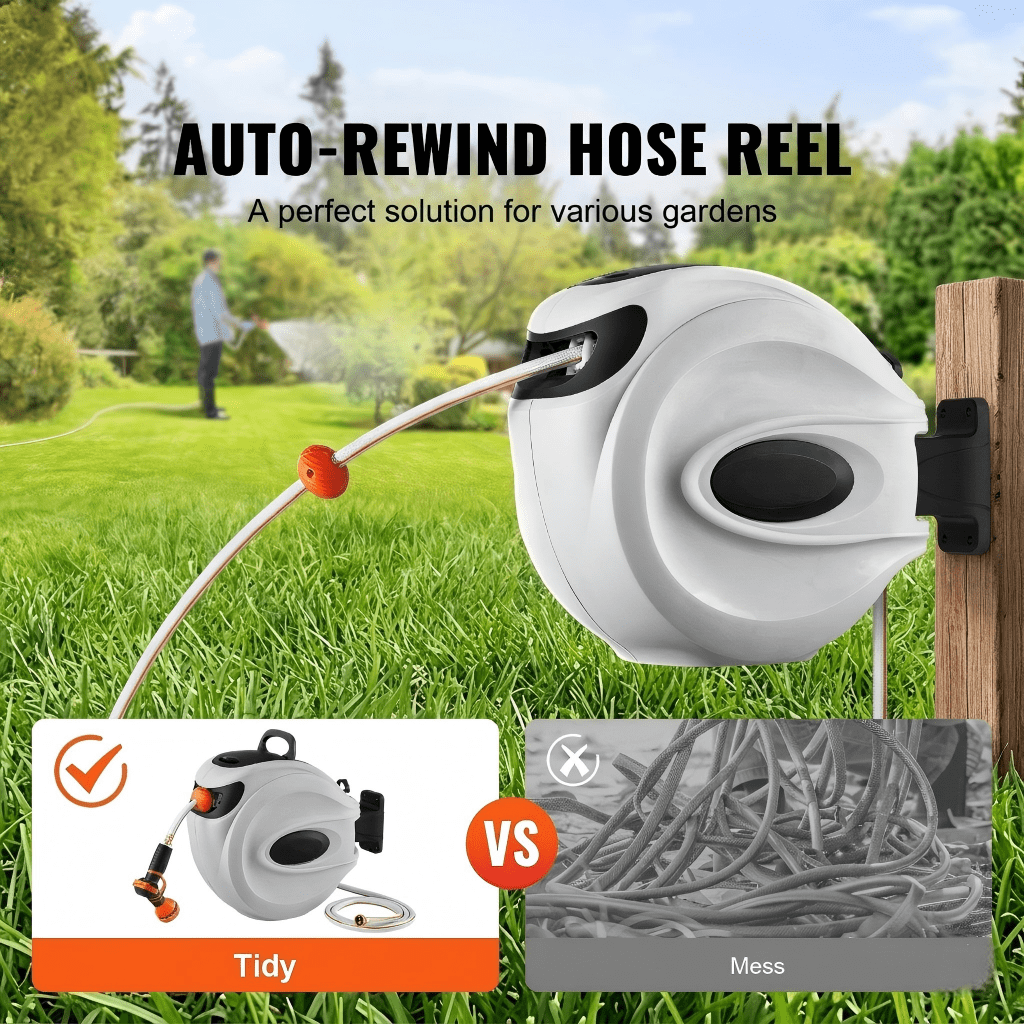 Retractable Hose Reel 65 ft x 5/8 inch, Wall-Mounted Garden Hose Reel with 180° Swivel Bracket, 9-Pattern Nozzle, Automatic Rewind, Lock at Any Length, Slow Return System