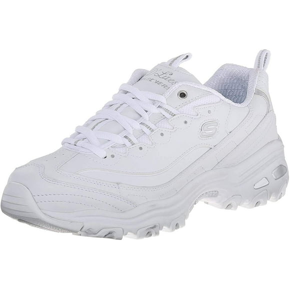 Skechers Women's D'Lites Fresh Start Memory Foam Lace-up Sneaker,White Silver,10 W US