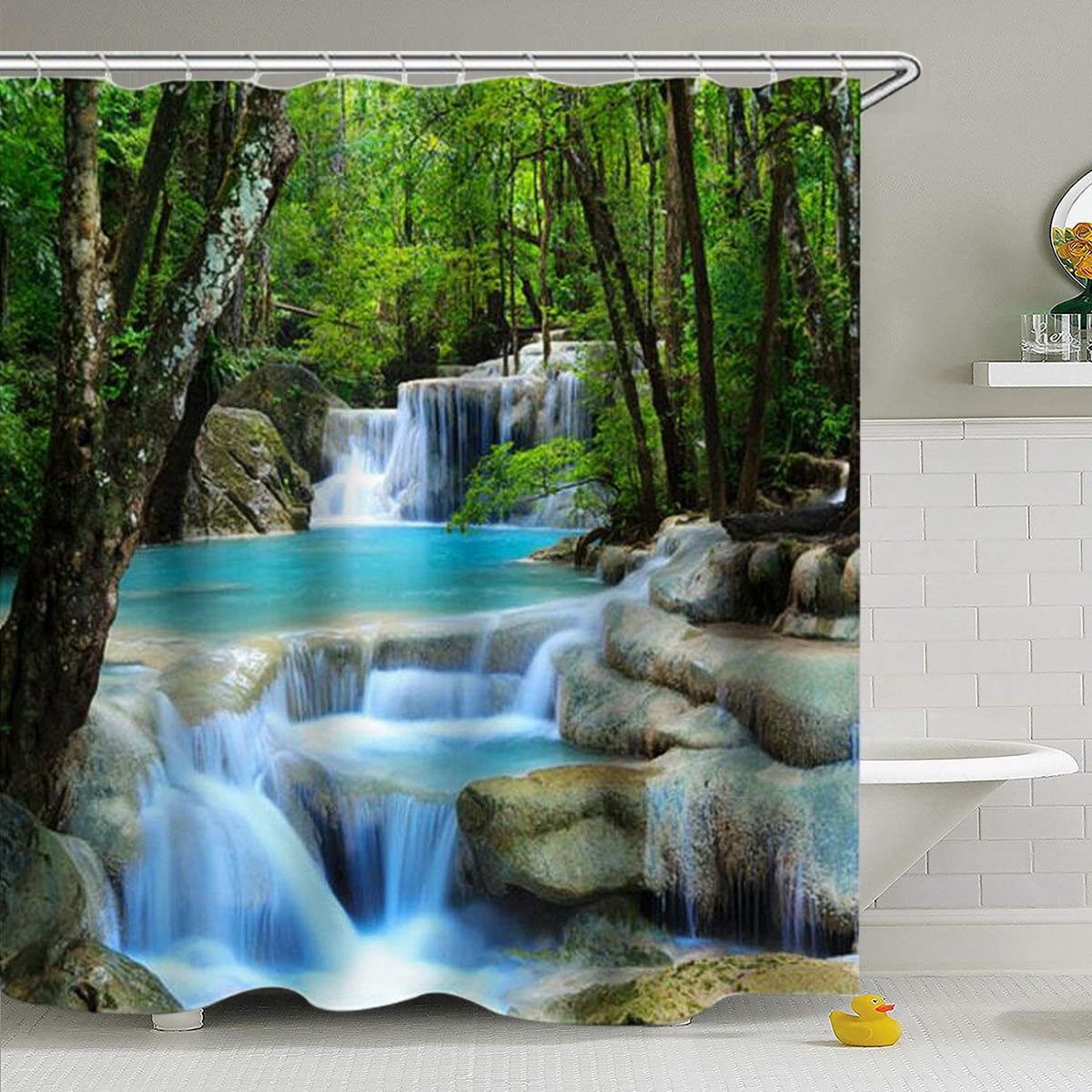 Waterfall Waterproof 180cm Shower Curtain Lid Toilet Cover Pedestal Rug Bath Mat