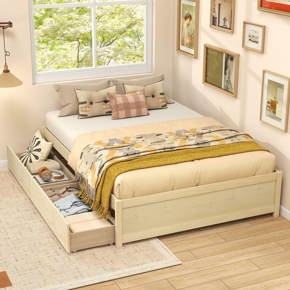 Barara King Full Size Wooden Bedroom Trundle Bed Frame with 2 Rolling Storage Drawers, Bed Platform Frame for Bedroom, Apartment, Natural