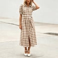 thumbnail image 4 of Ayolanni Women Summer Dresses V Neck Short Sleeve Plaid A-Line Maxi Dress Party Belted Birthday Elegant Long Dress with Puff Sleeve Brown L, 4 of 5