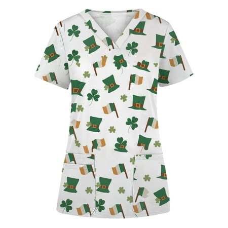 

Hesxuno Womens Plus Size Scrubs Women s Fashion St. Patrick s Day Printed V-neck Short Sleeve Pocket Workwear Top Summer Nurse Shirts Scrubs