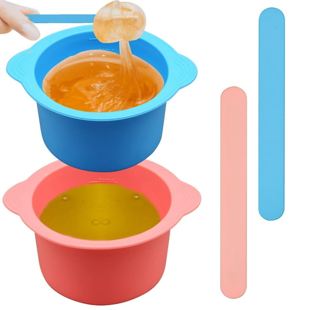 2 Pcs Doublure en Silicone pour Chauffe-Cire, Bol en Silicone pour Chauffe-Cire, Pot de Cire Réutilisable, Doublure Antiadhésive avec 2 Pcs Bâtonnets de Spatule pour Épilation (Bleu, Rose)