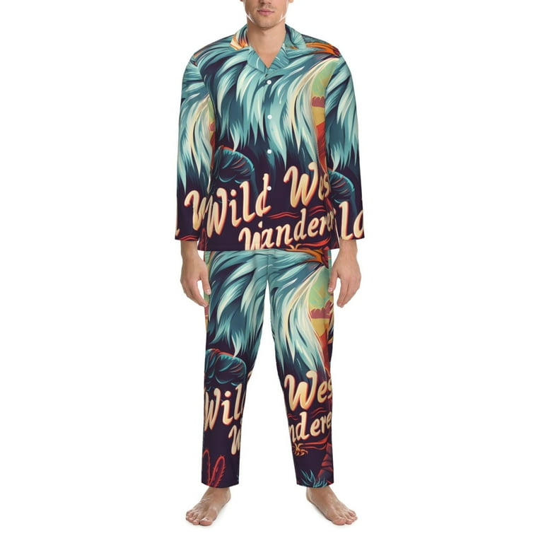Gaeub Western Style Bald Eagle Print Mens Pajama Set Long Sleeve Pajamas for men Lightweight Button Up Sleepwear Lounge Pjs Set with Pockets Walmart