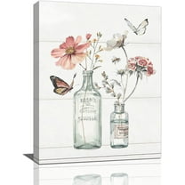 Floral Bathroom Wall Art Rustic Vase Flower Butterfly Pictures Wall Decor Farmhouse Country Flower Botanical Canvas Prints Painting Modern Home Framed Artwork for Restroom Bedroom 12"x16"
