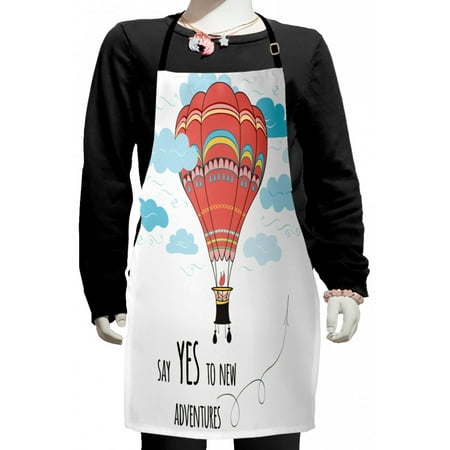 

Cartoon Kids Apron Inspirational Words Say Yes to New Adventures Hand Drawn Hot Air Balloon Boys Girls Apron Bib with Adjustable Ties for Cooking Baking Painting Coral Sky Blue by Ambesonne