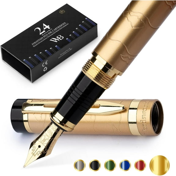 Wordsworth & Black Primori Fountain Pen Set [Stunning Gold]; Medium Nib, Gift Case, 24 Ink Cartridges, Refill Converter, Manual; Journaling, Calligraphy, Smooth Writing Pens; Left and Right Handed