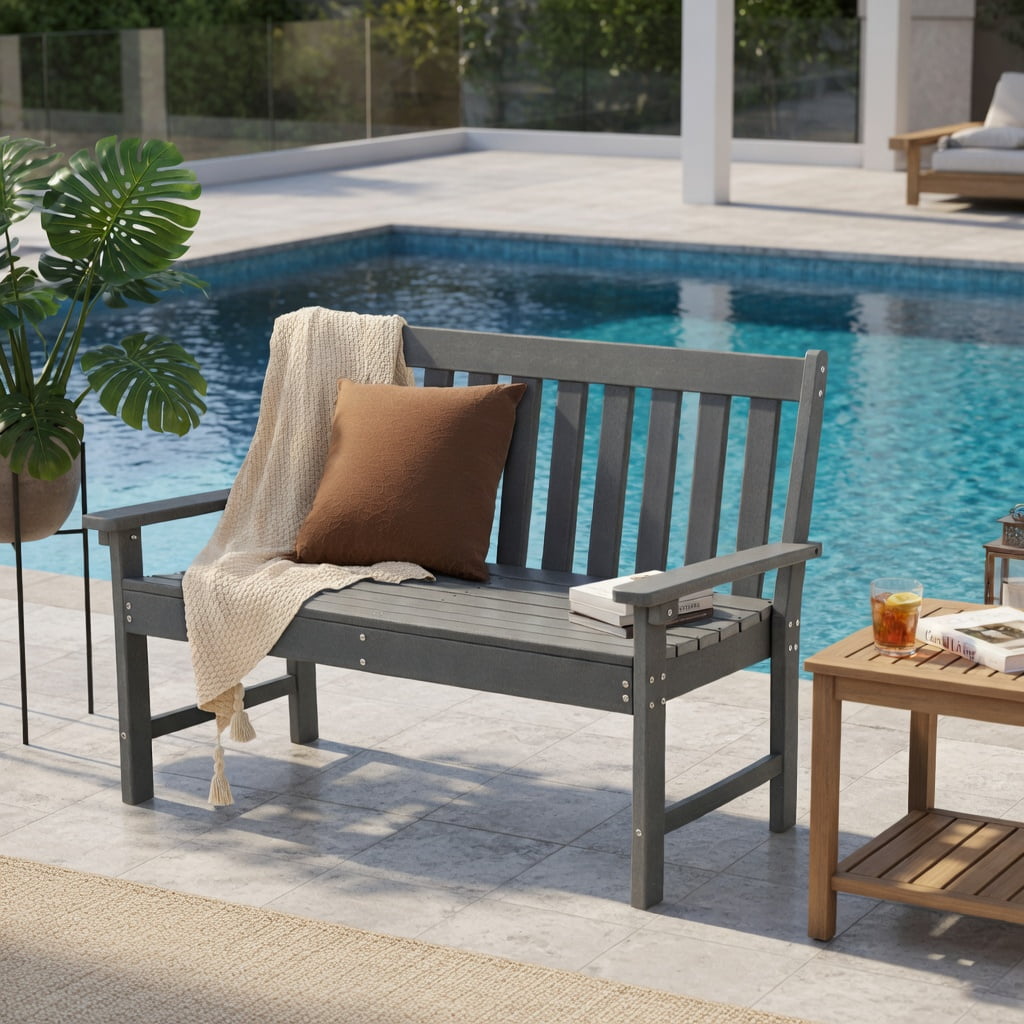 Hommoo 52" All-Weather HDPE Outdoor Bench with Backrest & Armrests, Heavy-Duty Garden, Porch, Backyard Seating, Gray