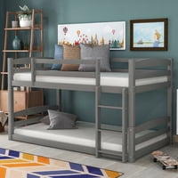 Merax Twin Over Twin Floor Bunk Beds with Ladder and Guardrail, Gray