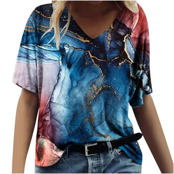Wenini Womens Blouses and Tops Dressy Fashion Breathable Loose Fit Pullover Tshirts Summer Marbled Print Short Sleeve V-Neck Casual Shirts Dark Blue XL