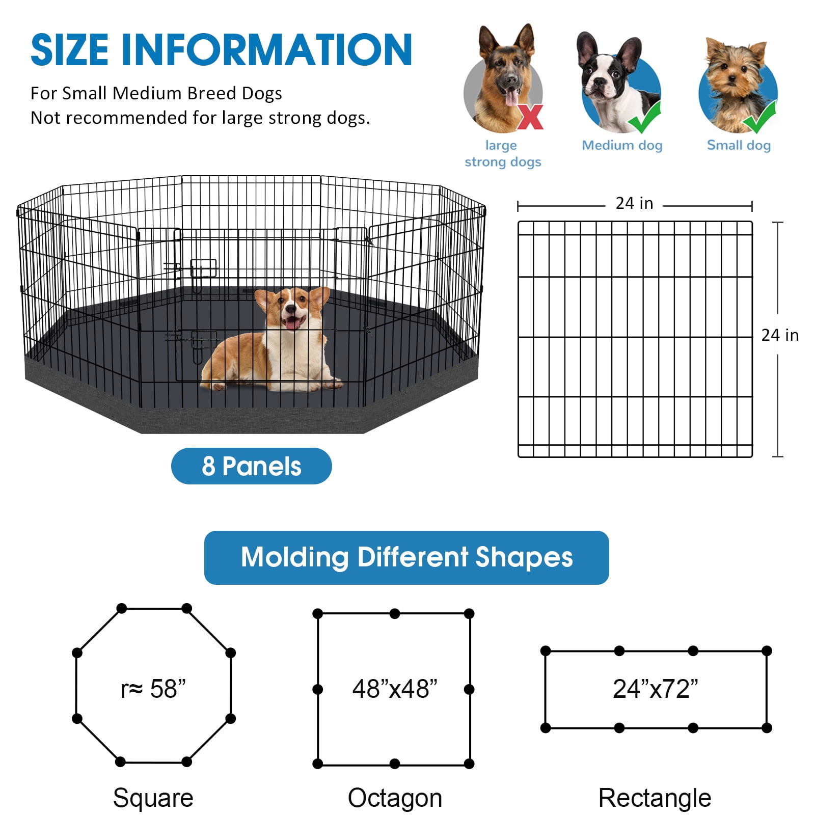 Artmalle Dog Pen Pet Playpen Dog Fence Indoor Foldable Metal Wire Exercise Puppy Play Yard Pet Enclosure Indoor Outdoor 8 Panels 24 Inch with Bottom Pad