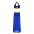 thumbnail image 4 of YiZYiF Women's Belly Dance Costume Halter Crop Top with Sequin Tassel Split Mesh Long Skirt 2Pcs Set Blue A L, 4 of 7