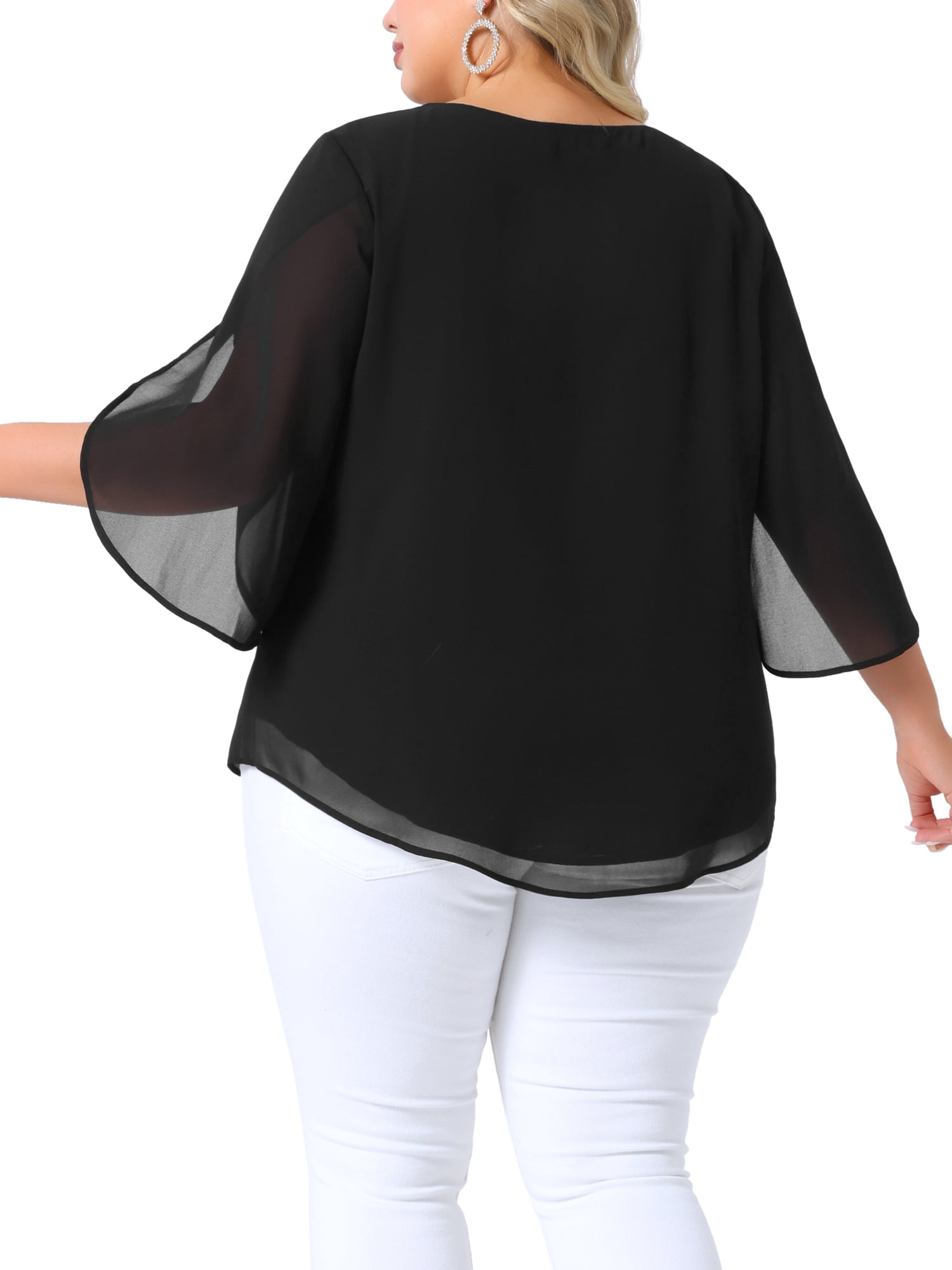 Women's Plus Blouses with Flutter Petal Half Sleeve Chiffon Top 6X Black
