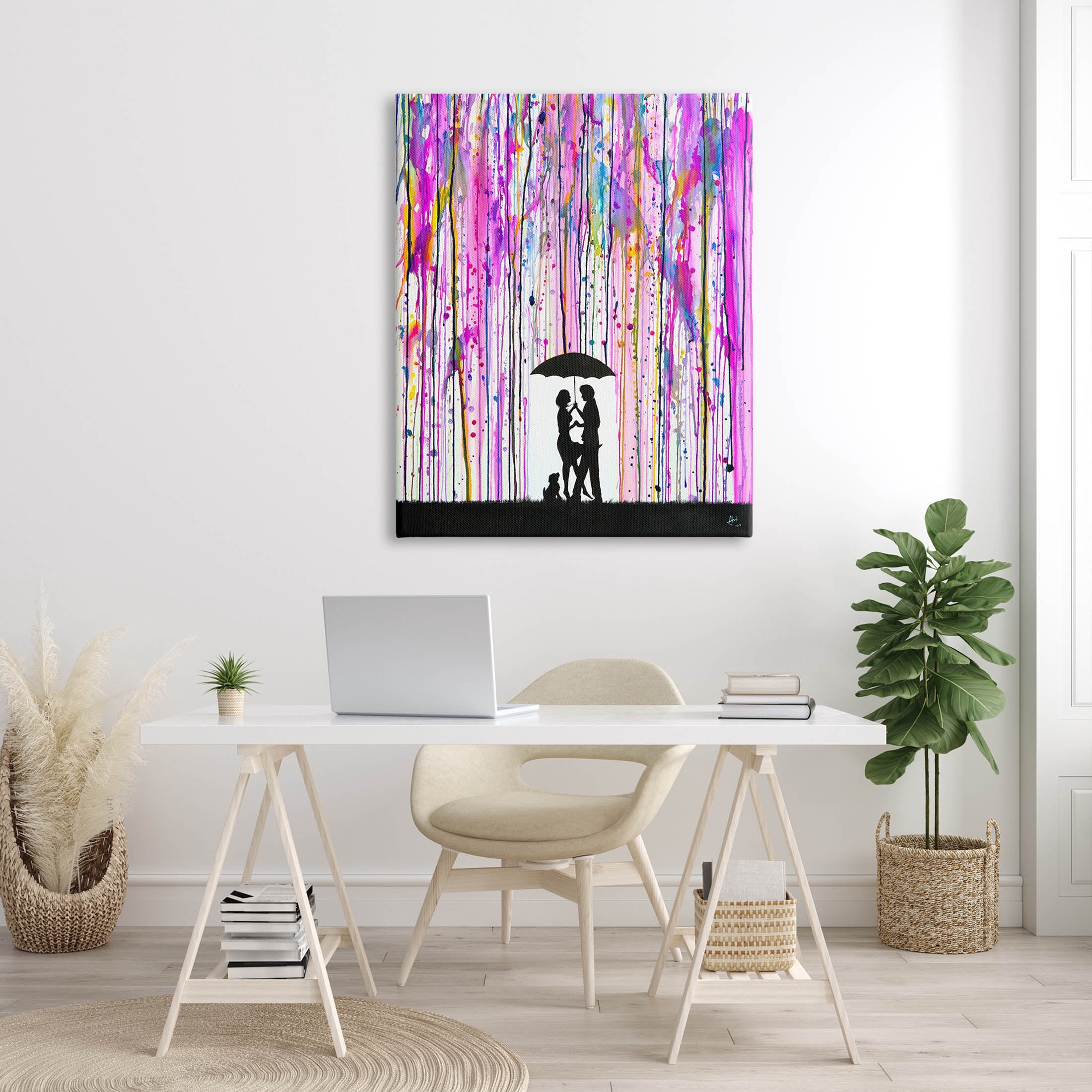 Bold Purple Rainfall Family Silhouette Abstract Graphic Art Gallery Wrapped Canvas Print Wall Art