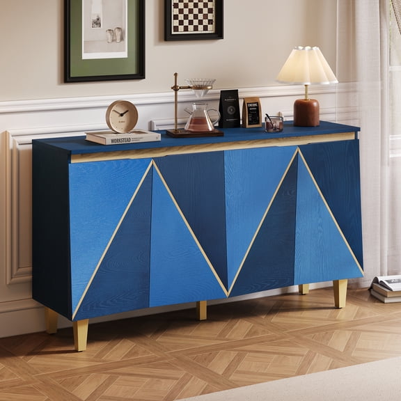60" Retro Buffet Cabinet with Storage, 4 - Door Vintage Sideboard Cabinet with Dimensional Effect Doors and Adjustable Shelves for Dining Room, Kitchen, and Living Room (Light and Dark Navy)