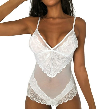 MQLKF Women Sexy Lace Up Teddy Lingerie Bodysuit Floral Embroidered Mesh Sheer Cut Out Sexy Elegant Fashionable Women Sleep Dress