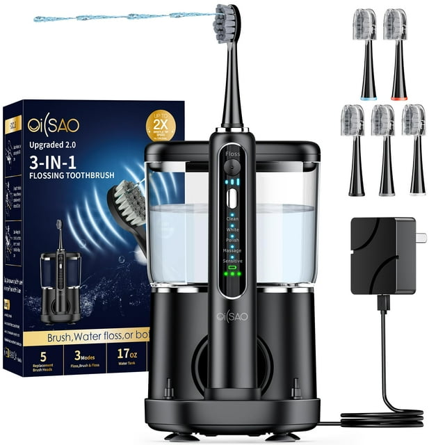 OILSAO Cepillo de dientes eléctrico con hilo dental combinado en un cepillo de dientes profesional con hilo dental para limpieza de dientes y eliminación de placa con hilo dental, recargable con 5 cab