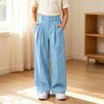 thumbnail image 2 of hotojiny Girls Dress Pants Wide Leg Uniform Pants for Kids Trendy High Waist Pleated Front Formal Pants with Pockets(Blue,12-13 Years), 2 of 6